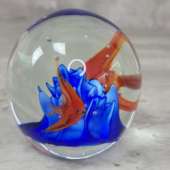 Hand Blown Glass Paperweight Aquarium Orange Fish Blue Coral Art Decor 3" Sphere - Picture 3 of 7